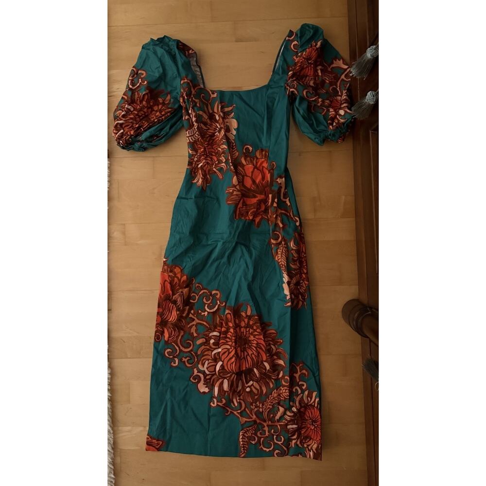 NWT La Doublej Sizzler Printed Midi Dress Puff Sleeves Teal Print XS - Picture 2 of 3